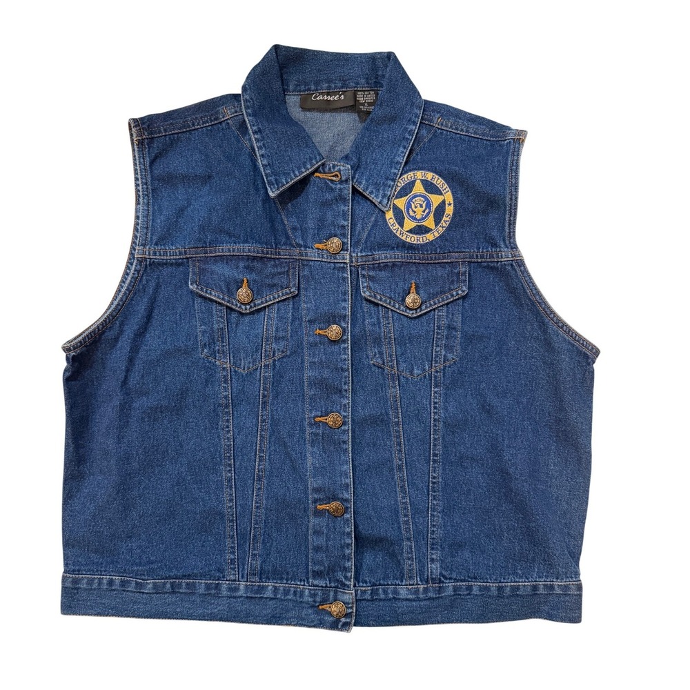 Vintage Cazees Denim Vest Women XL George W Bush‎ President Crawford Texas Patch